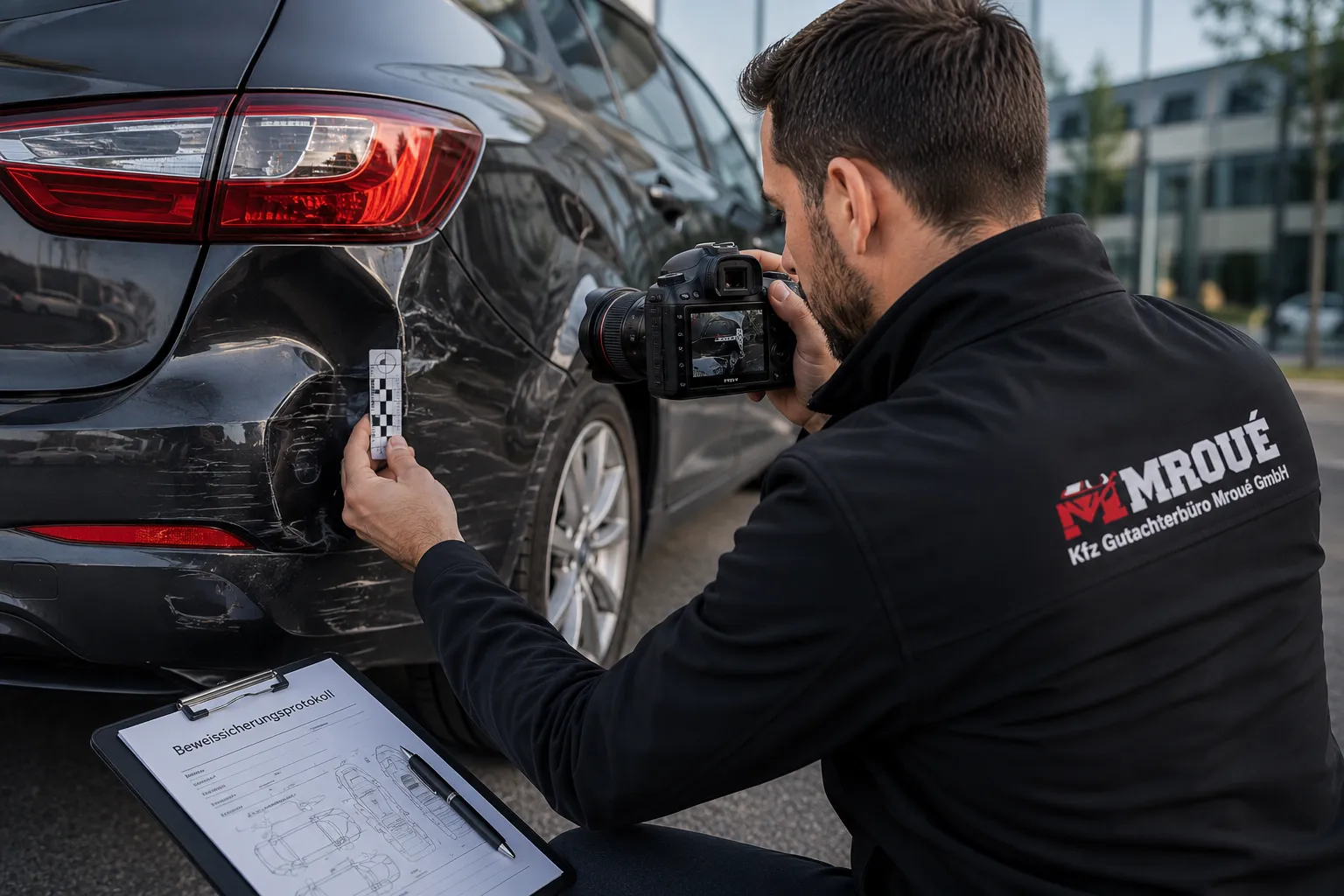 Kfz-Gutachter Mroué fotografiert Heckschaden eines Fahrzeugs zur Beweissicherung