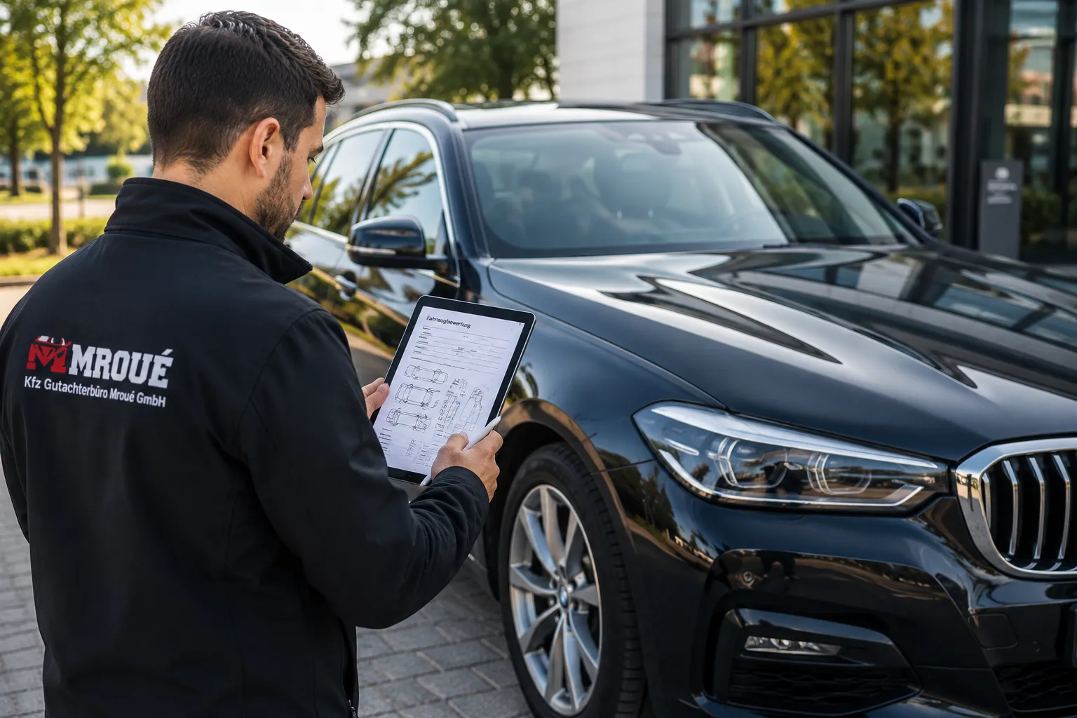 Kfz-Gutachter Mroué erfasst Fahrzeugbewertung am Tablet vor schwarzem BMW