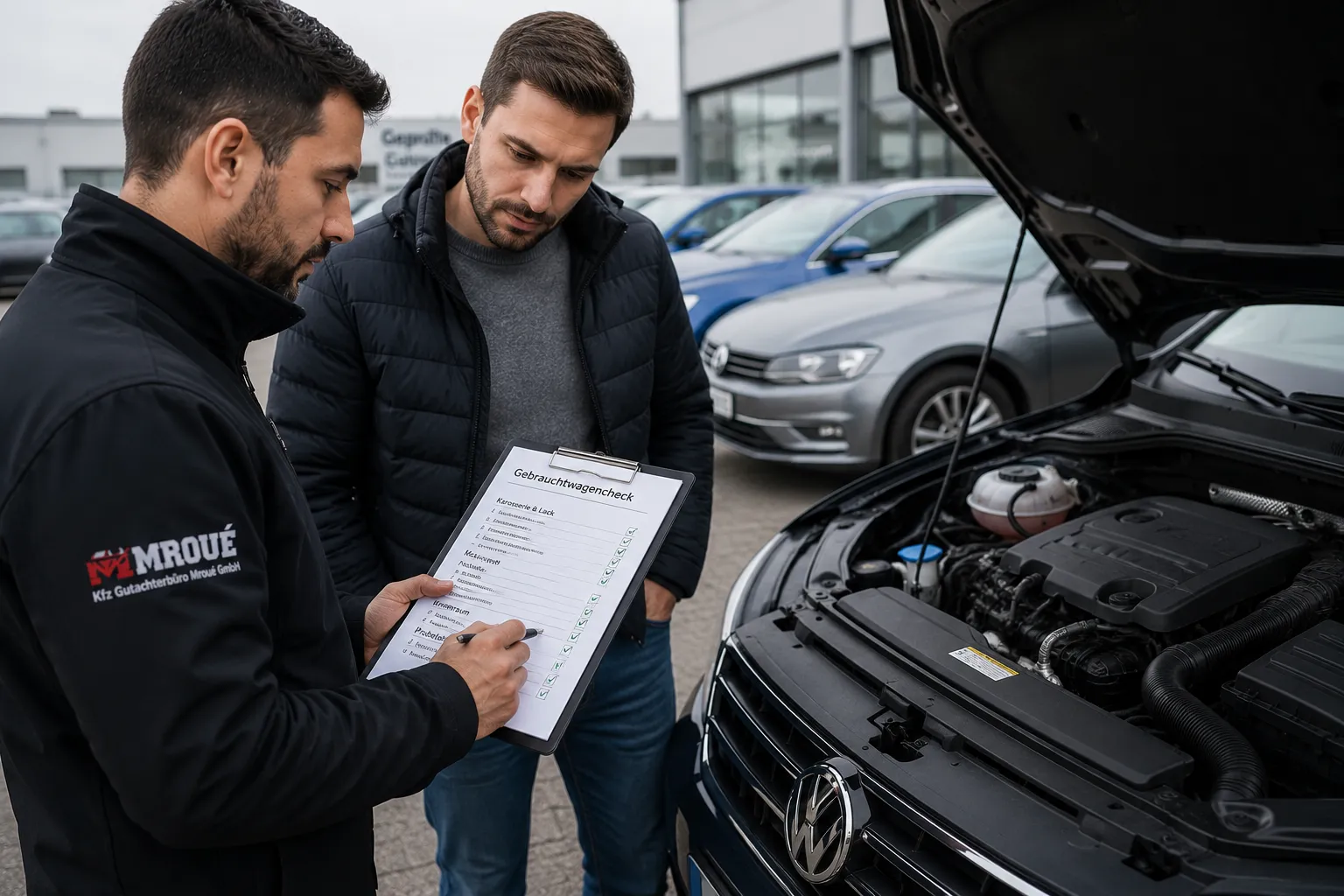 Kfz-Gutachter Mroué füllt Gebrauchtwagencheck-Checkliste vor VW mit offener Motorhaube aus