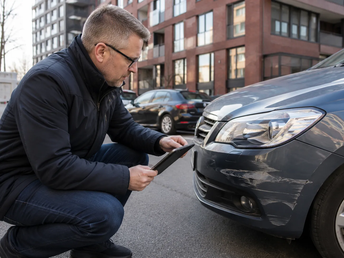 Fahrzeughalter dokumentiert mit Tablet den Frontschaden eines Fahrzeugs in Berlin