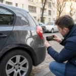 Mann fotografiert mit Smartphone einen Kratzer als Parkschaden am Fahrzeug in Berlin