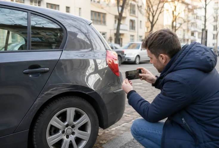 Mann fotografiert mit Smartphone einen Kratzer als Parkschaden am Fahrzeug in Berlin