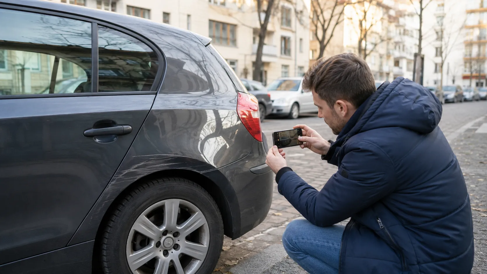 Mann fotografiert mit Smartphone einen Kratzer als Parkschaden am Fahrzeug in Berlin