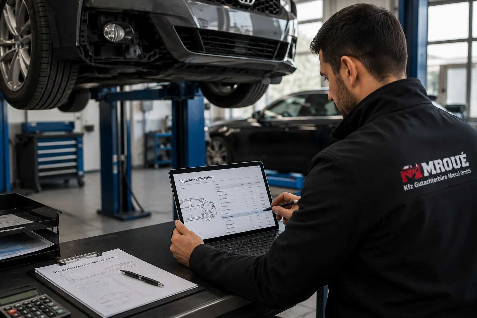 Kfz-Gutachter Mroué erstellt Reparaturkalkulation am Laptop in der Werkstatt
