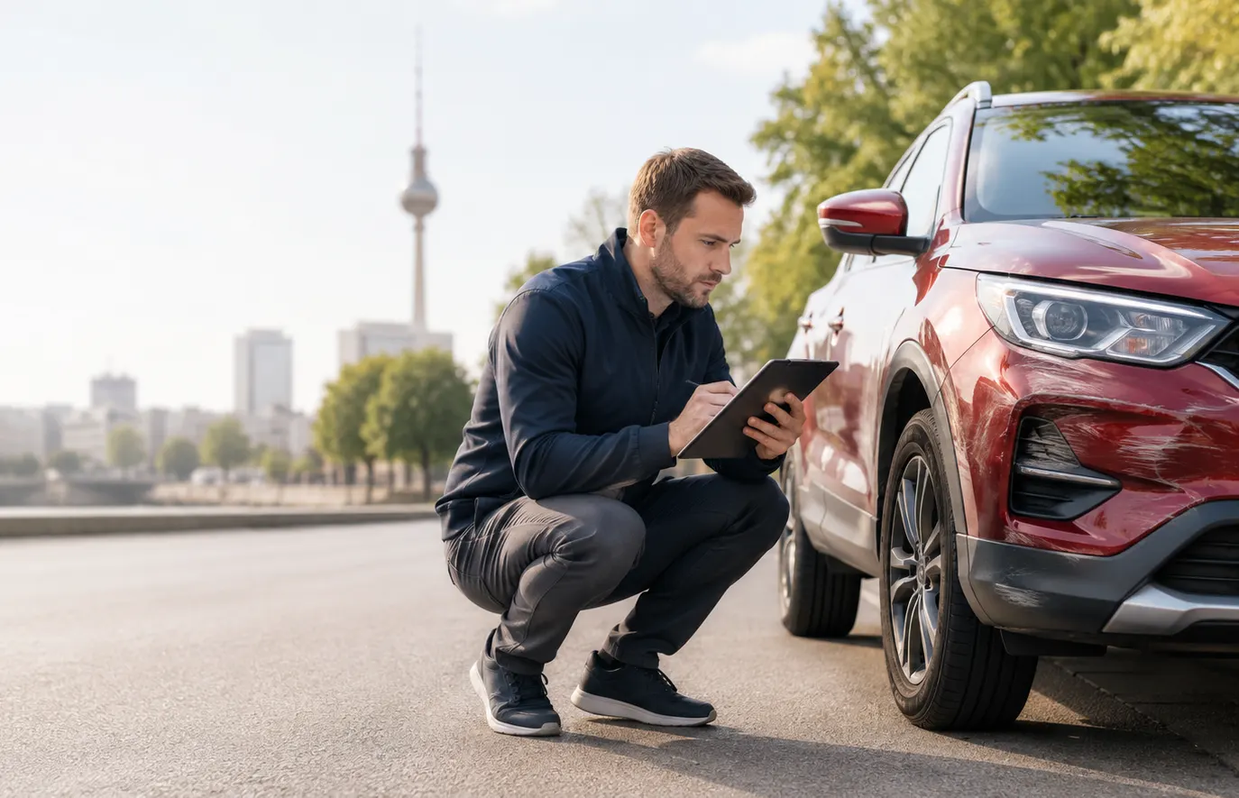 Fahrzeugschaden wird für ein Schadengutachten in Berlin fachgerecht dokumentiert
