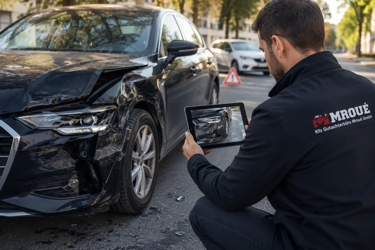 Kfz-Gutachter Mroué dokumentiert Frontschaden nach Unfall am Tablet an der Unfallstelle