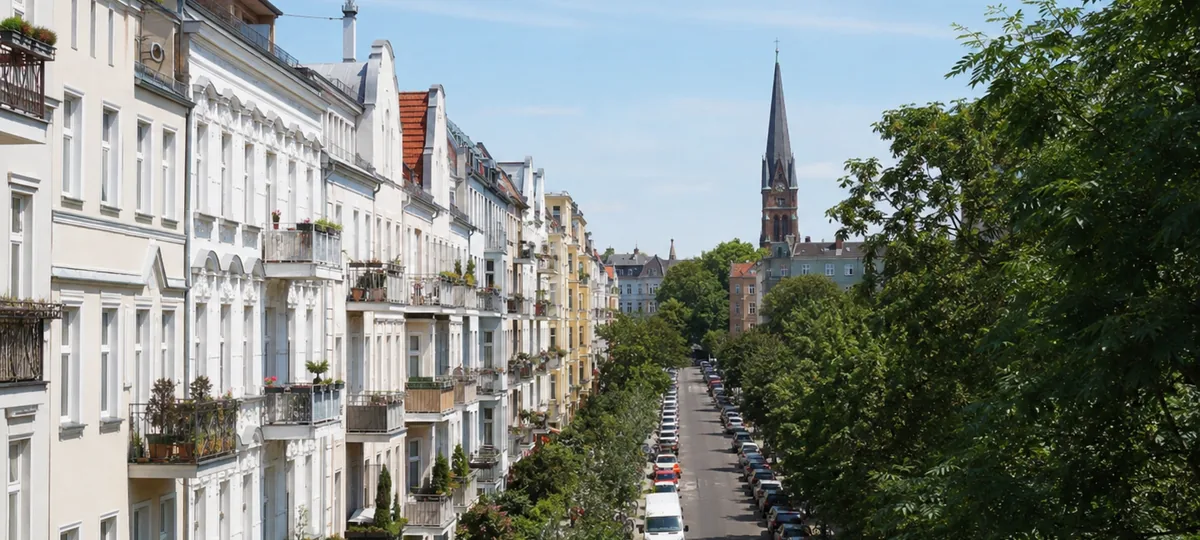 Berliner Wohnstraße mit Kirchturm in Wedding
